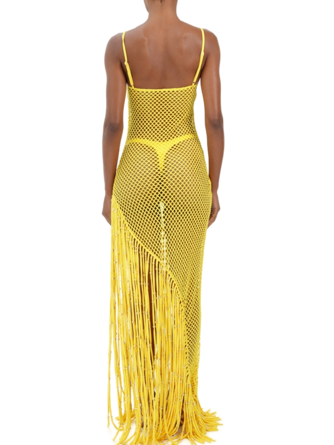Yellow Fringe Mesh Cover-Up Dress