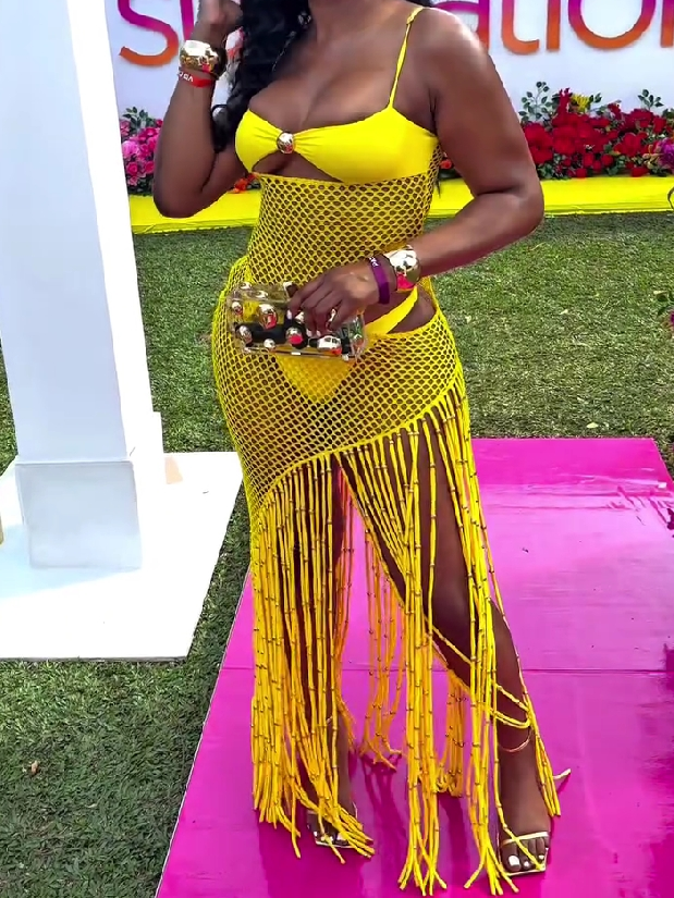 Yellow Fringe Mesh Cover-Up Dress