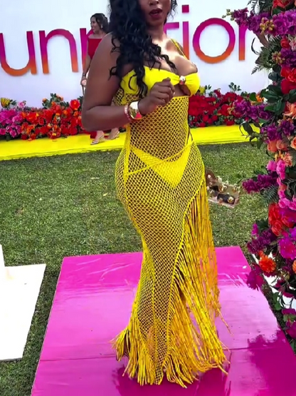 Yellow Fringe Mesh Cover-Up Dress
