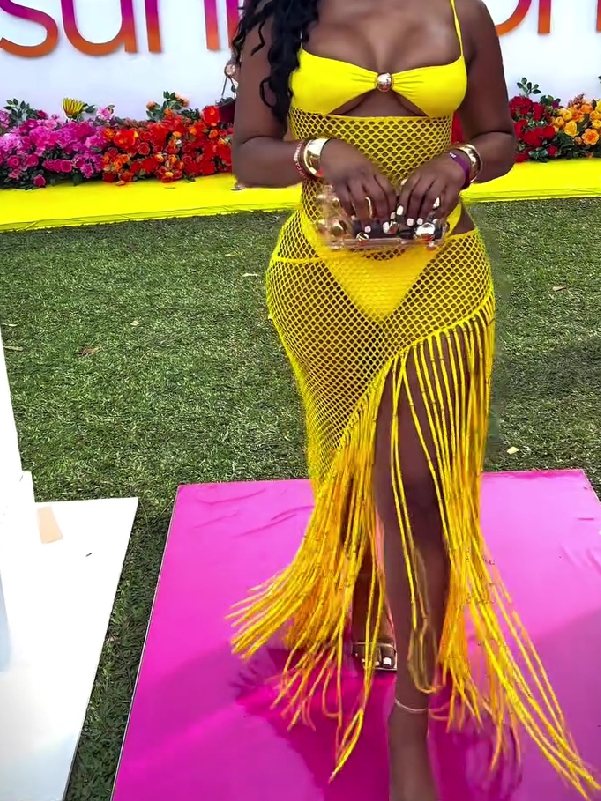 Yellow Fringe Mesh Cover-Up Dress