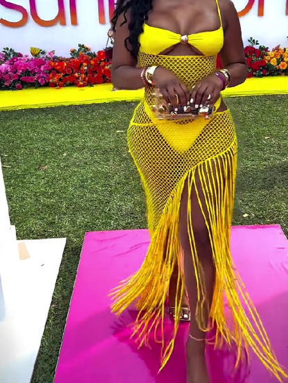 Yellow Fringe Mesh Cover-Up Dress