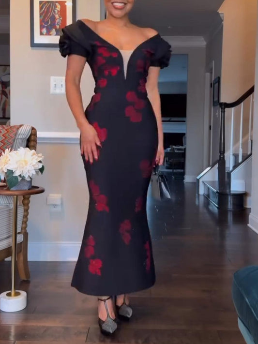 Deep-V Flowers Diamond Backless Bandage Maxi Dress