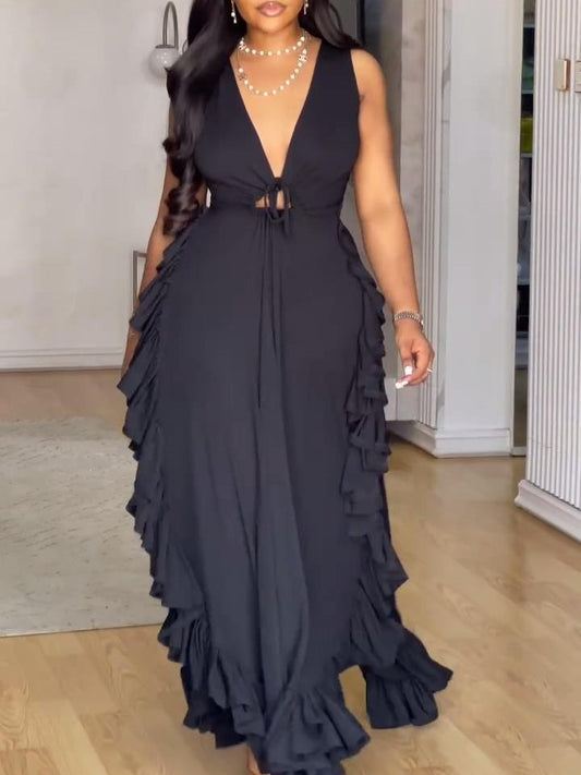 Deep V Ruffle Maxi Dress
