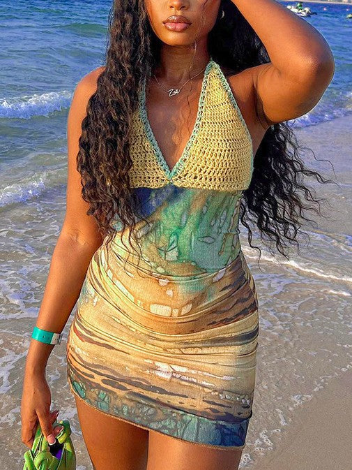 Printed Colorblock Halter Dress