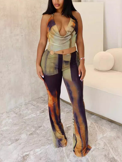 Print Mesh Cowl Neck Jumpsuit