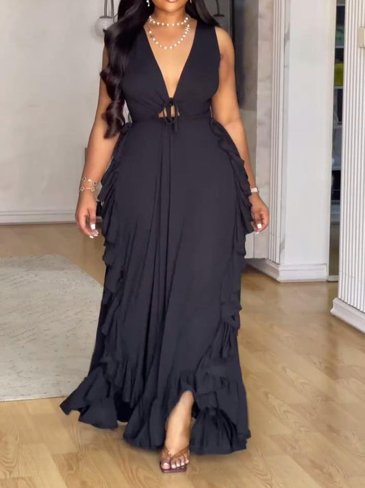Deep V Ruffle Maxi Dress