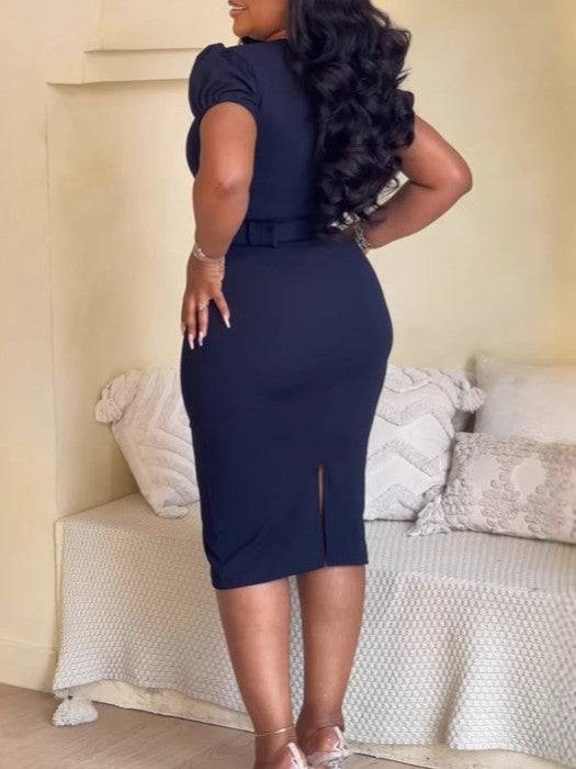 Square Neckline Back Slit Fitted Dress