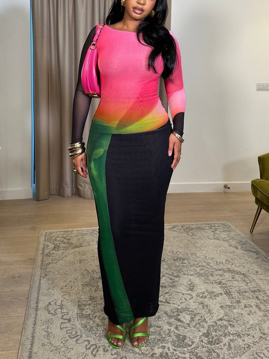 Mesh Colorblock Long Sleeve Maxi Dress
