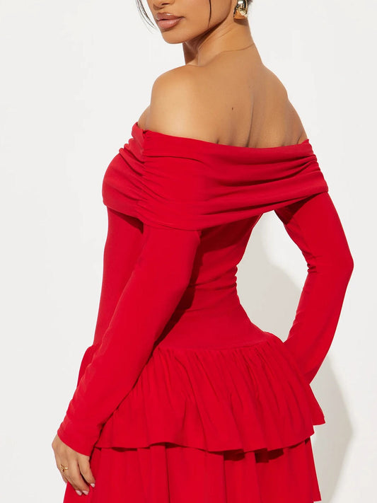 Off-Shoulder Ruffled Pleated Mini Skirt