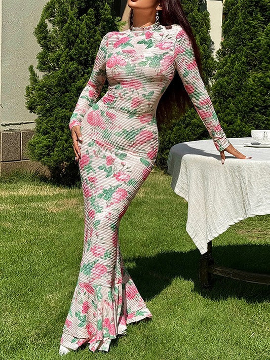 Long Sleeve Fitted Print Dress
