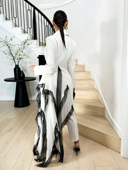Mesh Color Block Blazer Long Dress