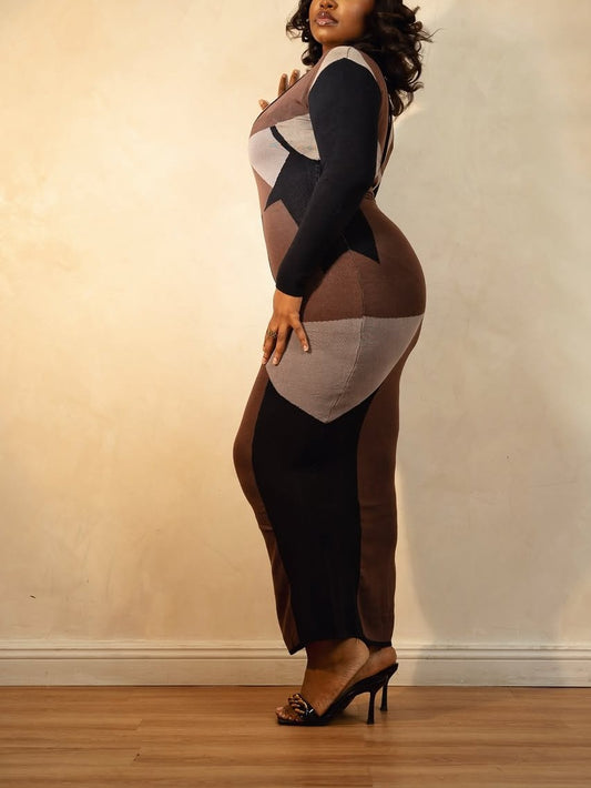 Stylish Color Block Long Sleeve Maxi Dress