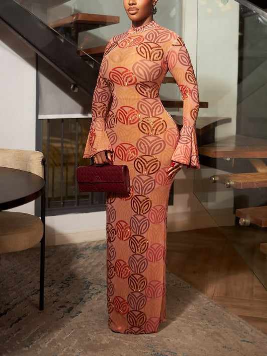Elegant Long Sleeve Printed Maxi Dress