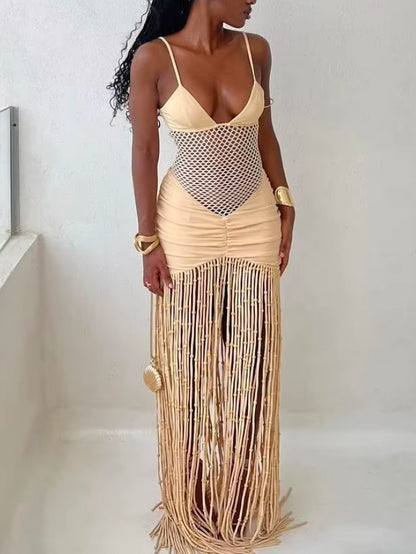 Strapless Mesh Ruffled Fringe Dress