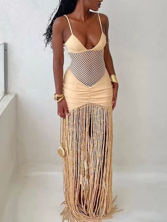 Strapless Mesh Ruffled Fringe Dress
