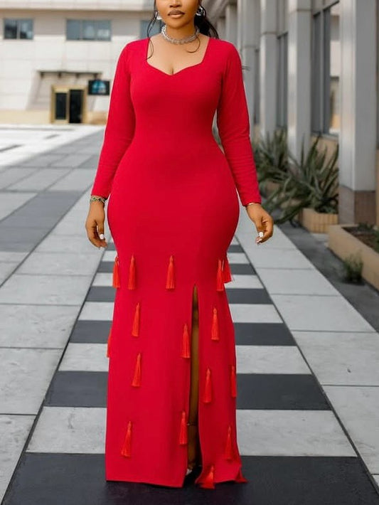Elegant Slit Fringe Maxi Dress
