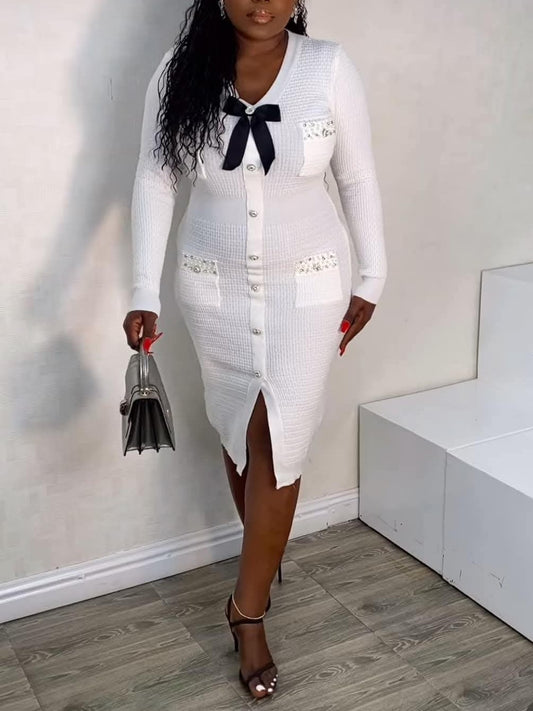 Bow Studded Pocket Midi Dress