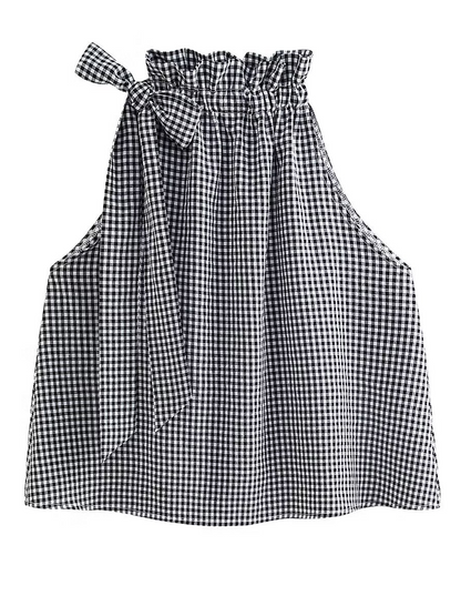 Halter Neck Bow Plaid Print Blouse