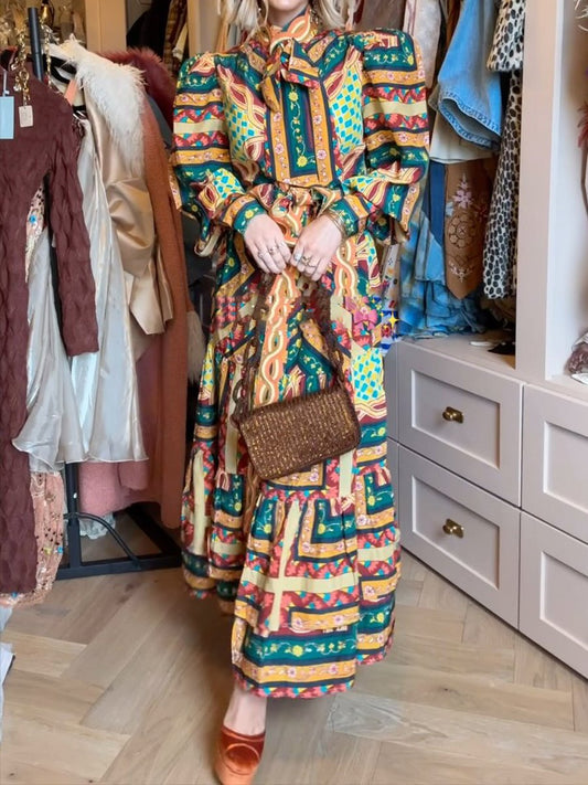 Mock Neck With Removable Bow Printed Maxi Dress