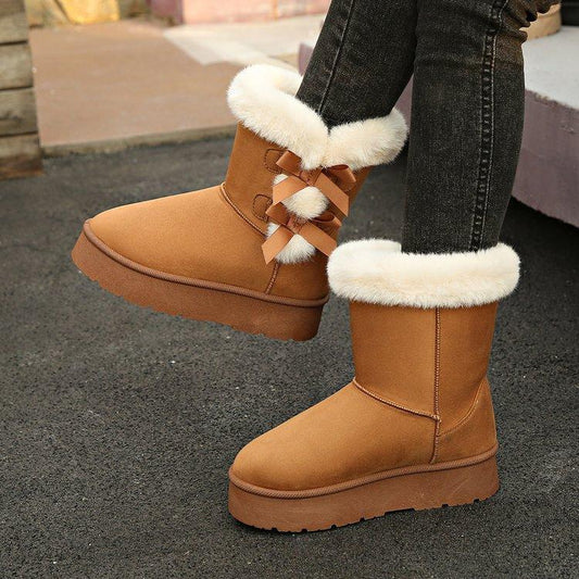Classic platform snow boots for women with plush bow