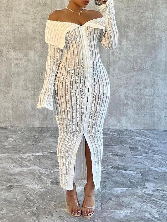 Off The Shoulder Mesh Ruffle Dress