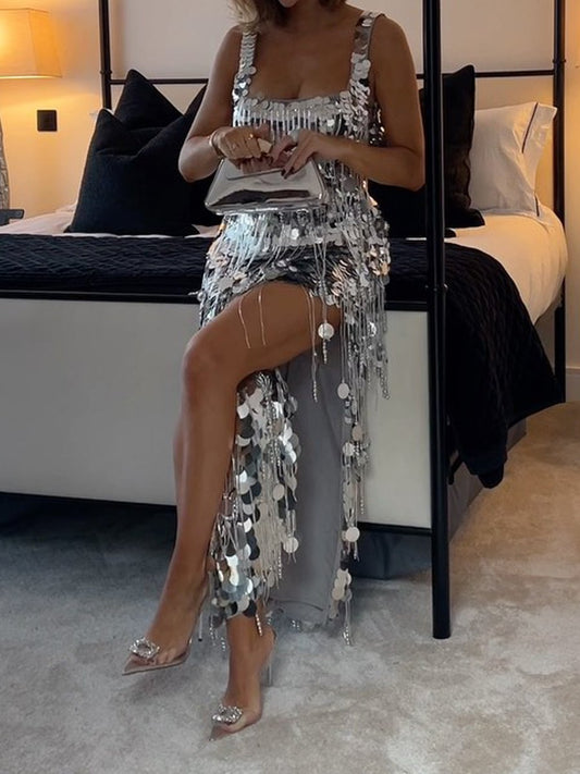 Sequin Embellished Fringe Party Dress