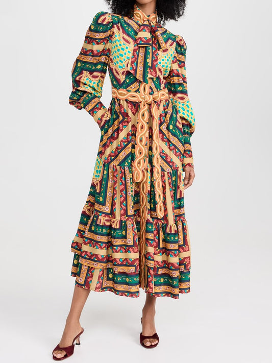Mock Neck With Removable Bow Printed Maxi Dress