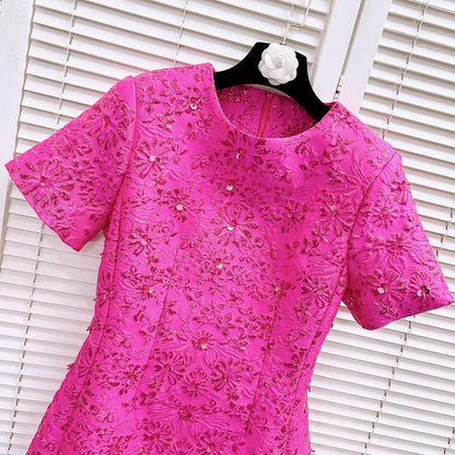 Pink Jacquard Beaded Short Sleeve Dress
