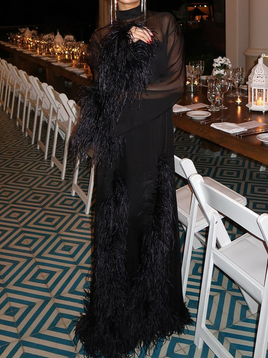 See-through Feathers Maxi Dress