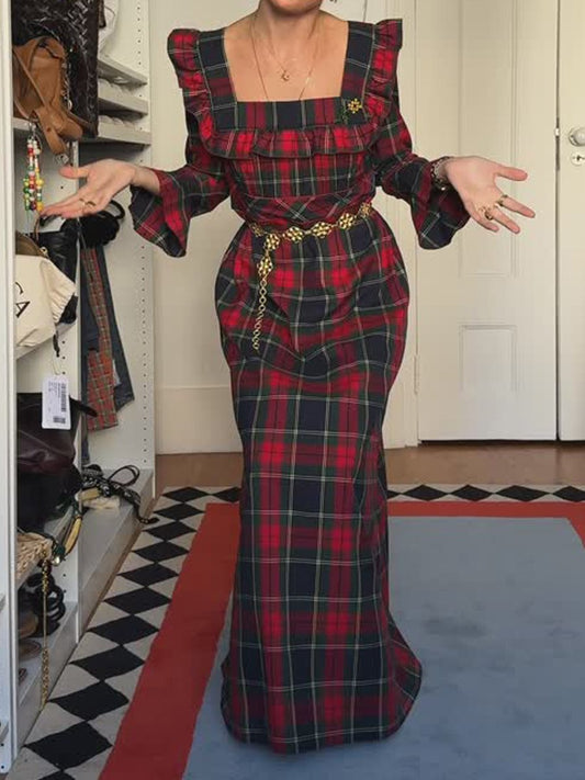 Square Collar Ruffled Plaid Printed Dress