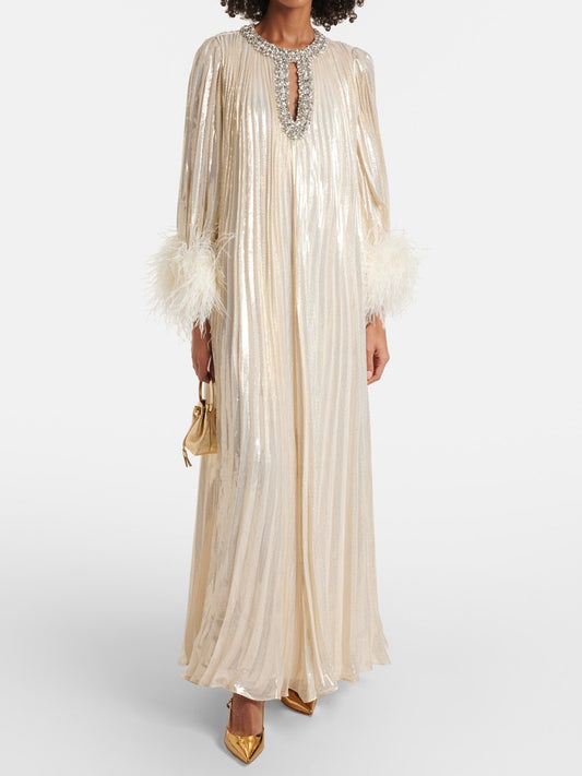 Rhinestone Sparkle Feather-trimmed Party Maxi Dress