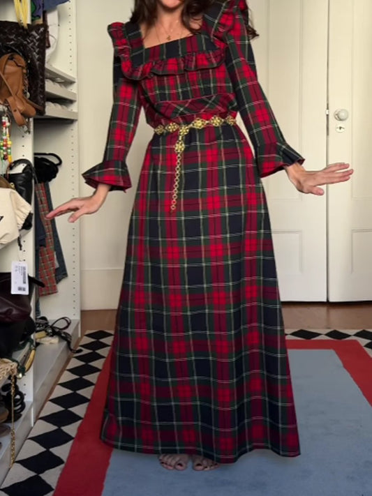 Square Collar Ruffled Plaid Printed Dress