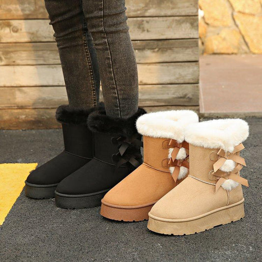 Classic platform snow boots for women with plush bow