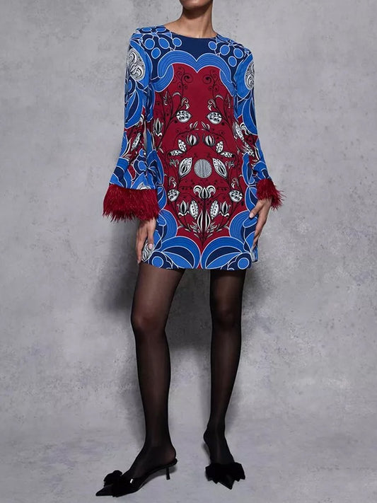 Feather Cuffs Printed Mini Dress