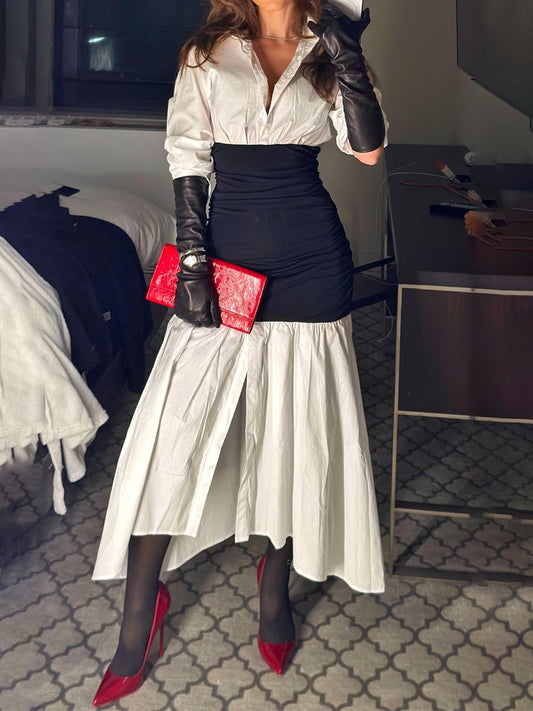 Elegant Contrast Stitching Shirt Dress