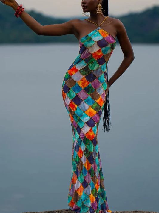Beaded Halter Neck Maxi Dress