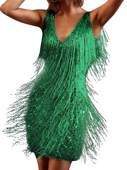V-neck Sleeveless Fringe Midi Dress