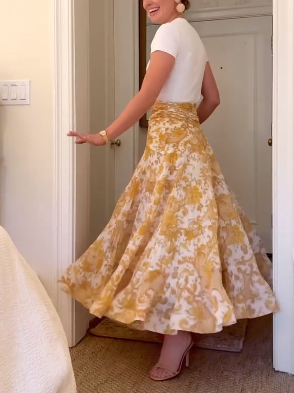 Swirl Floral Yellow Pleated Long Skirt