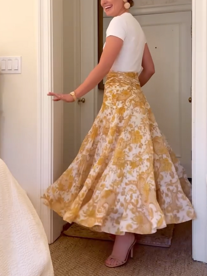 Swirl Floral Yellow Pleated Long Skirt